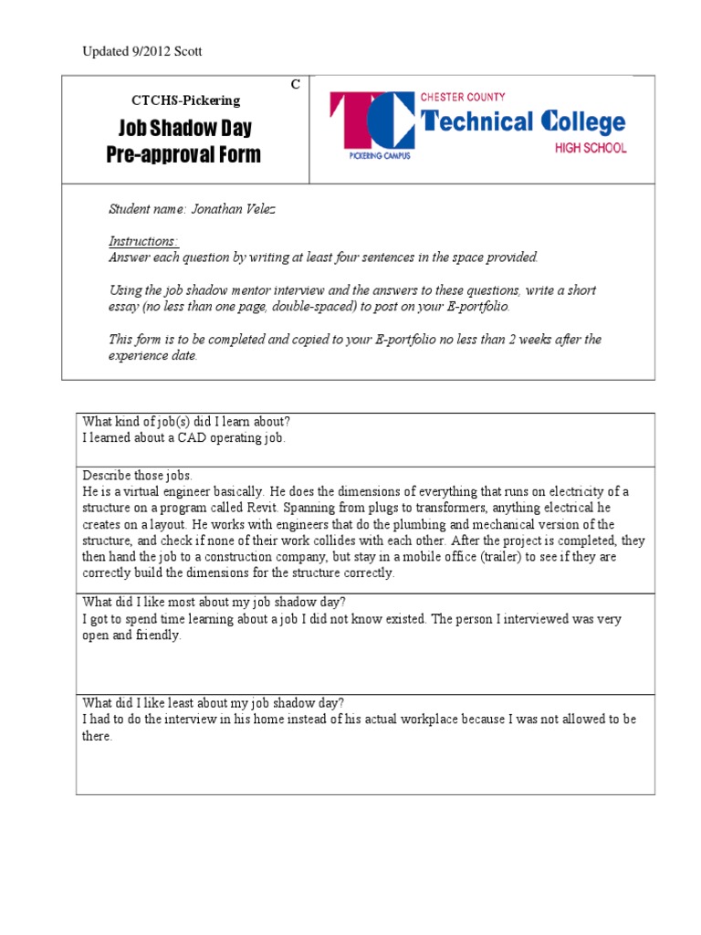 Job Shadow Day Pre-Approval Form: C CTCHS-Pickering | PDF | Career & Growth