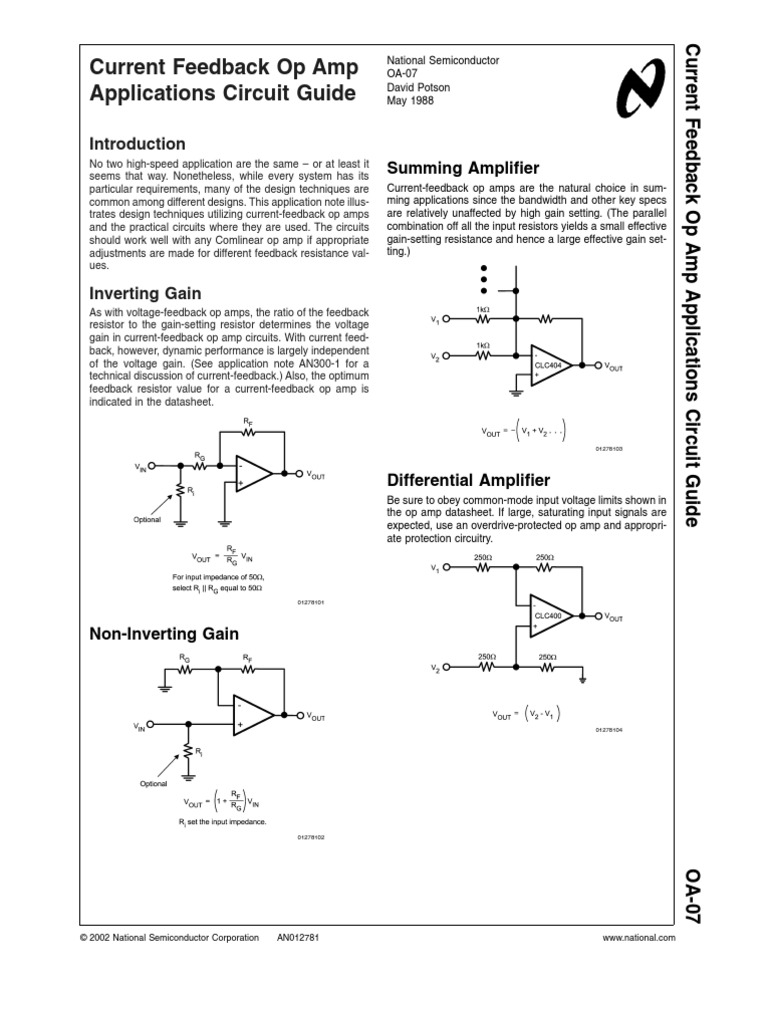 Current Feedback Op Amp Applications Circuit Guide Summing Amplifier