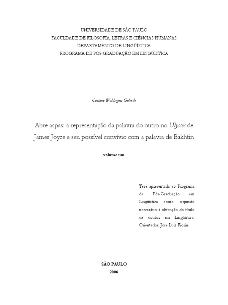 Tese Caetano Waldrigues Galindo Volume 1 PDF James Joyce Fyodor Dostoyevsky imagem