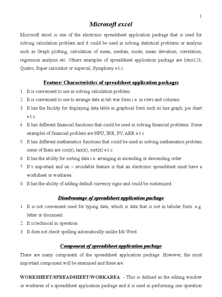 Microsoft Excel Feature/ Characteristics of Spreadsheet Application