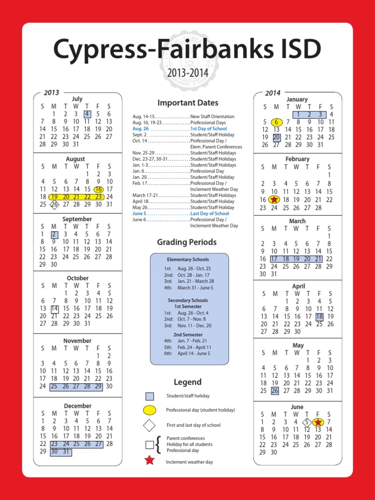 CyFair ISD 202526 School Calendar PDF