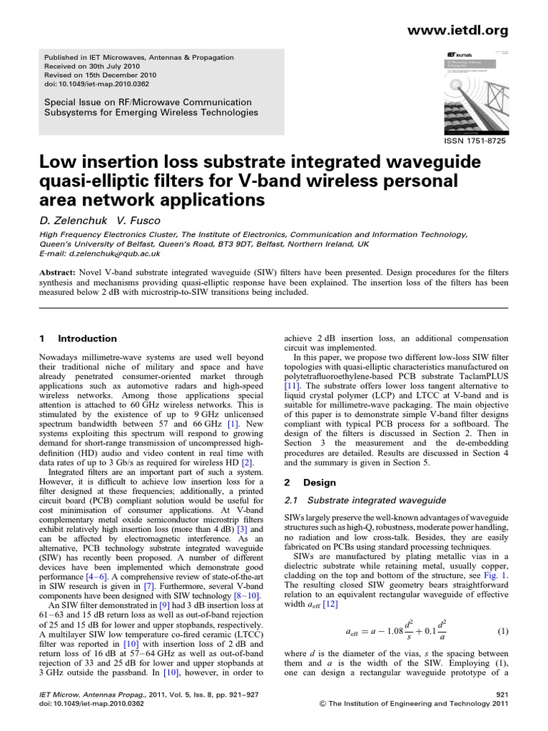 Low Loss SIW Filters for V-Band Applications | PDF | Microwave ...
