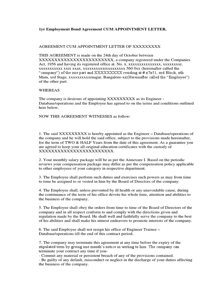 1yr Employment Bond Agreement Cum Appointment Letter 