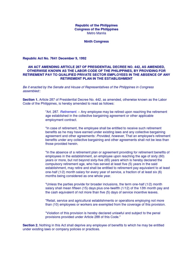 Retirement Benefits Under RA 7641 | PDF | United States Congress ...