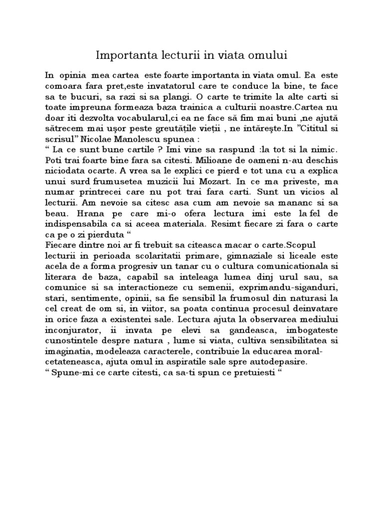 Importanta Lecturii in Viata