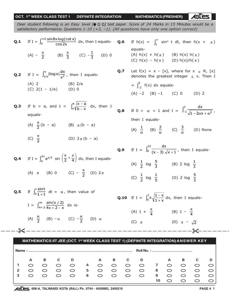 Definite Integration Test Solutions | PDF