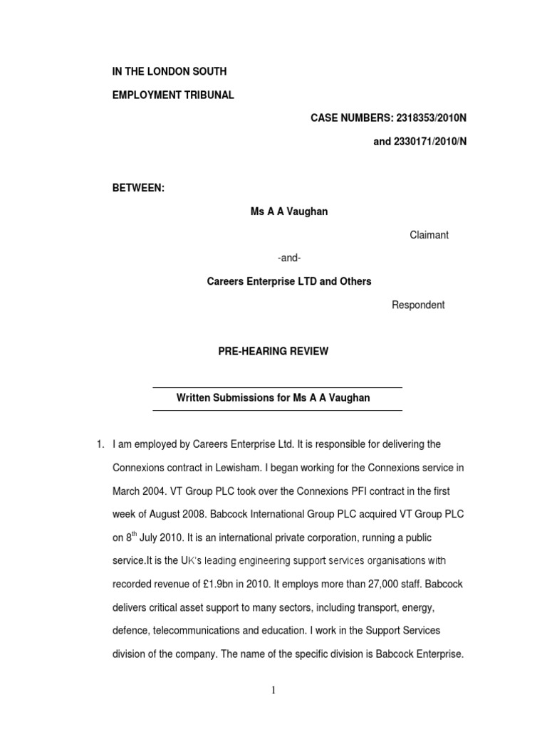 AA Vaughan Employment Tribunal Submissions Add Babcock As Respondent PDF Law Of Agency 