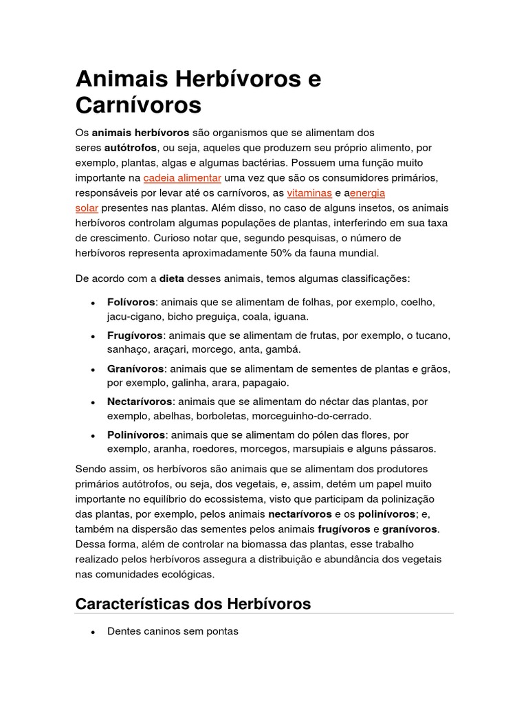 Herbívoros e Carnívoros: Características e Exemplos | PDF | Herbívoro ...