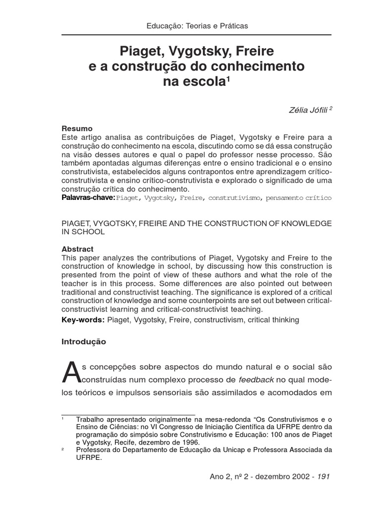 Piaget Vigotsky Paulo Freire | PDF | Construcionismo social | Aprendizado