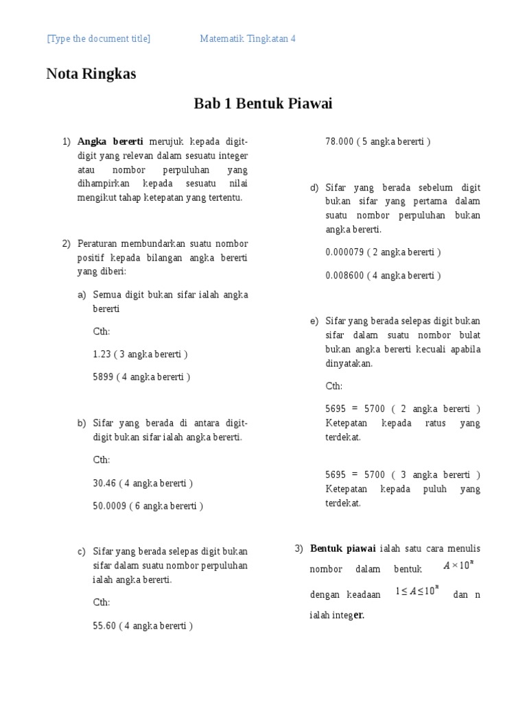 Bab 1 Bentuk Piawai Nota Ringkas Matematik Tingkatan 4