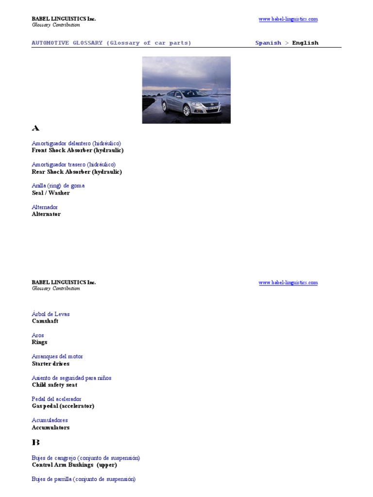 AUTOMOTIVE GLOSSARY (Glossary of car parts) > English