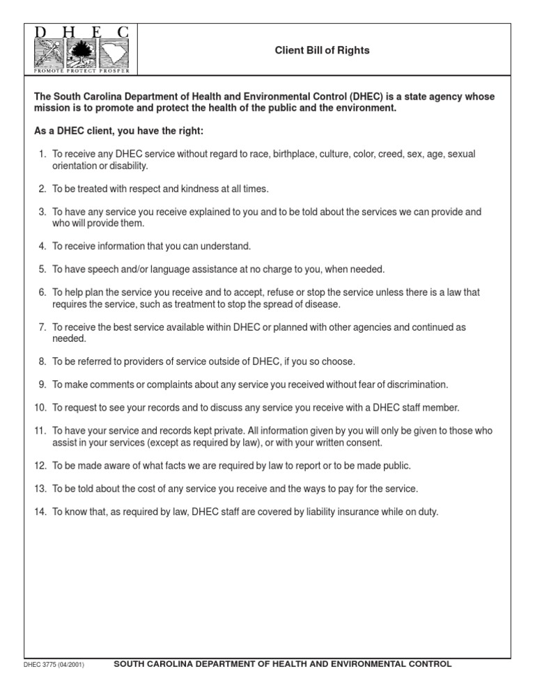 South Carolina DHEC Client Rights Guide | PDF