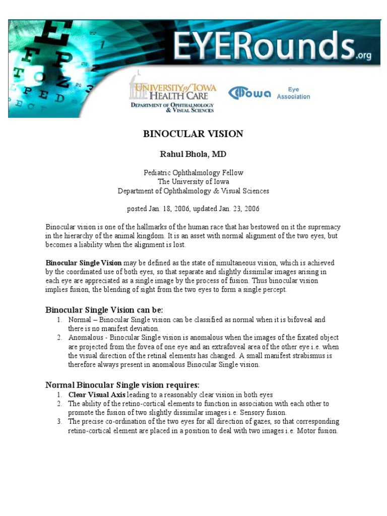 Binocular Vision Rahul Bhola, MD PDF Stereoscopy Visual Perception