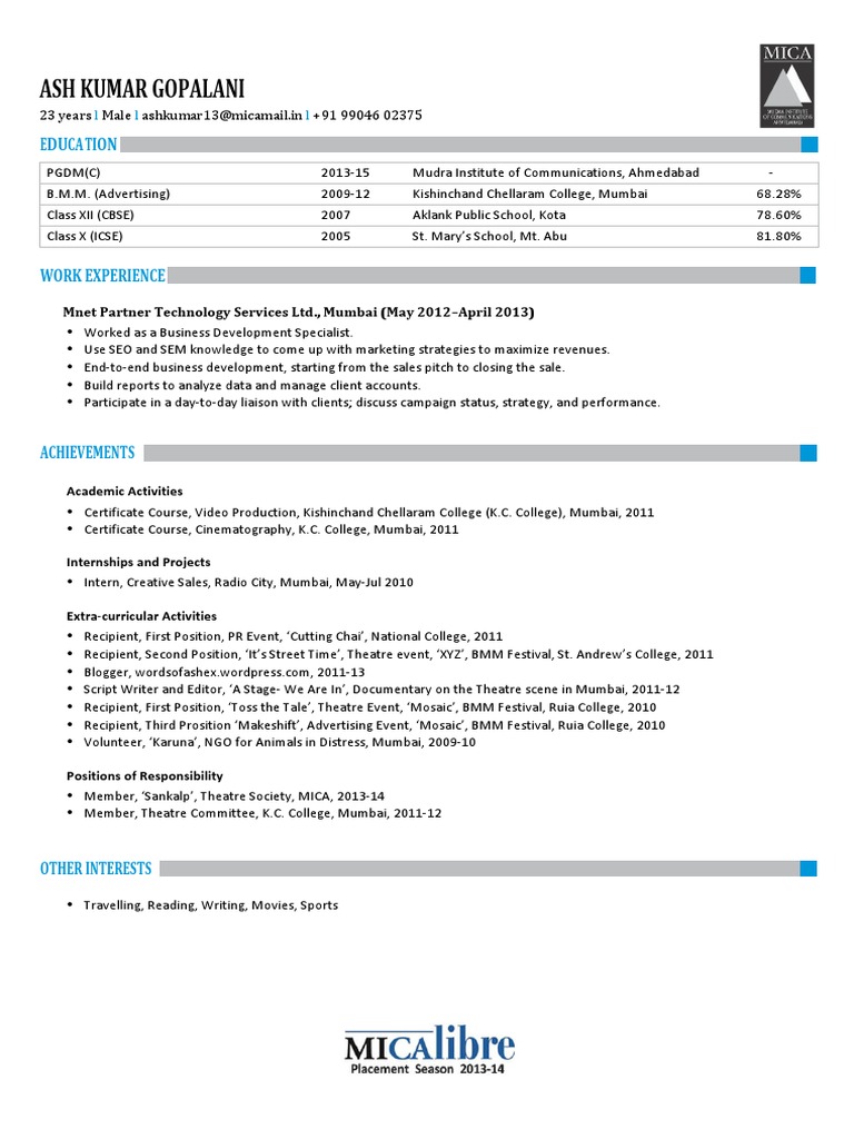 Ash Kumar Gopalani's Resume Overview | PDF