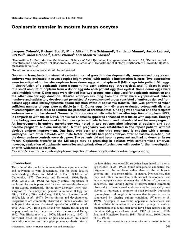 Ooplasmic Transfer in Human Oocytes | PDF | Molecular Cloning | In ...