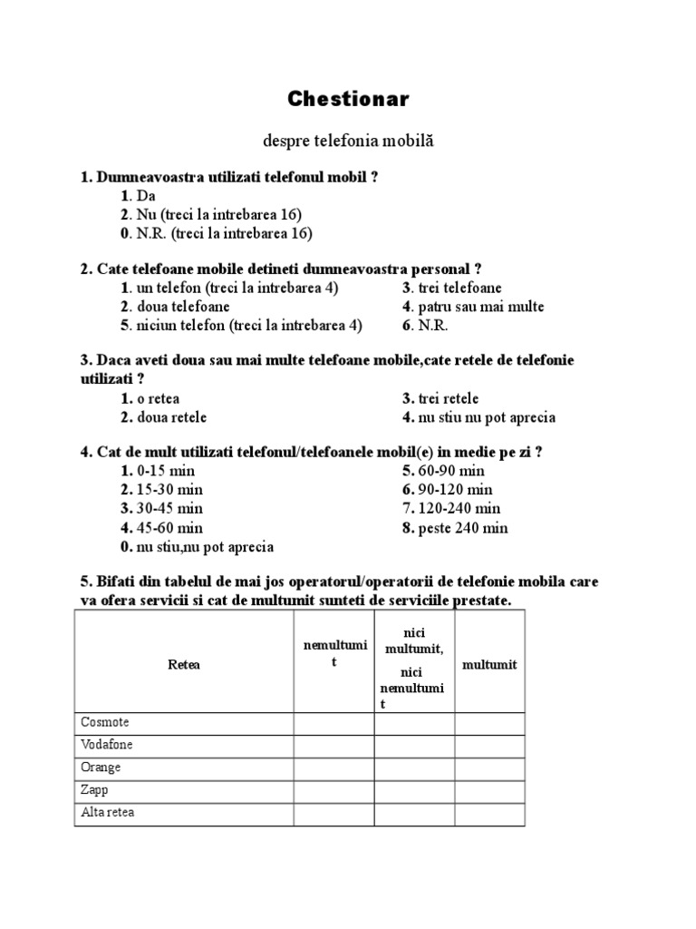 Chestionar Despre Telefonia MobilÄƒ