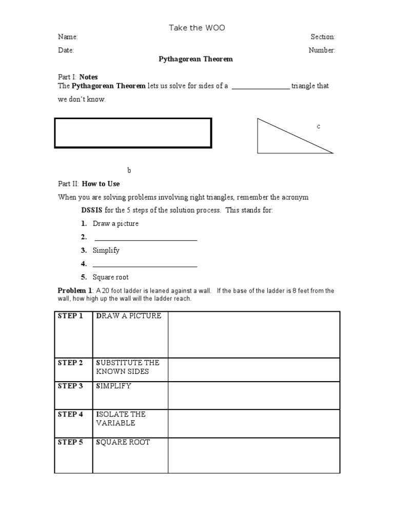 Pythagorean Theorem Guided Notes Square Root Triangle