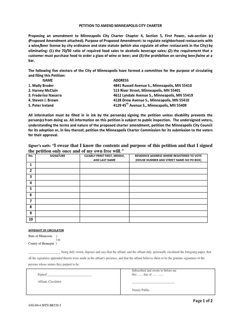 Minneapolis Charter Amendment Petition Form 436149v4 Affidavit