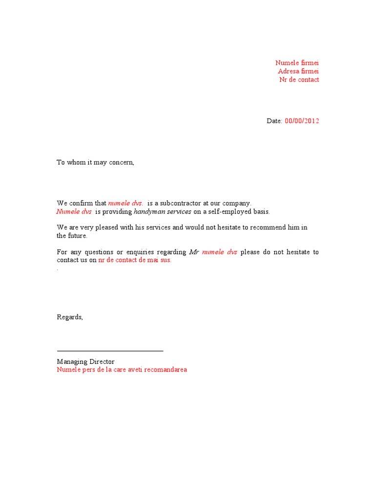 Subcontractor Recommendation Letter | PDF | Career & Growth