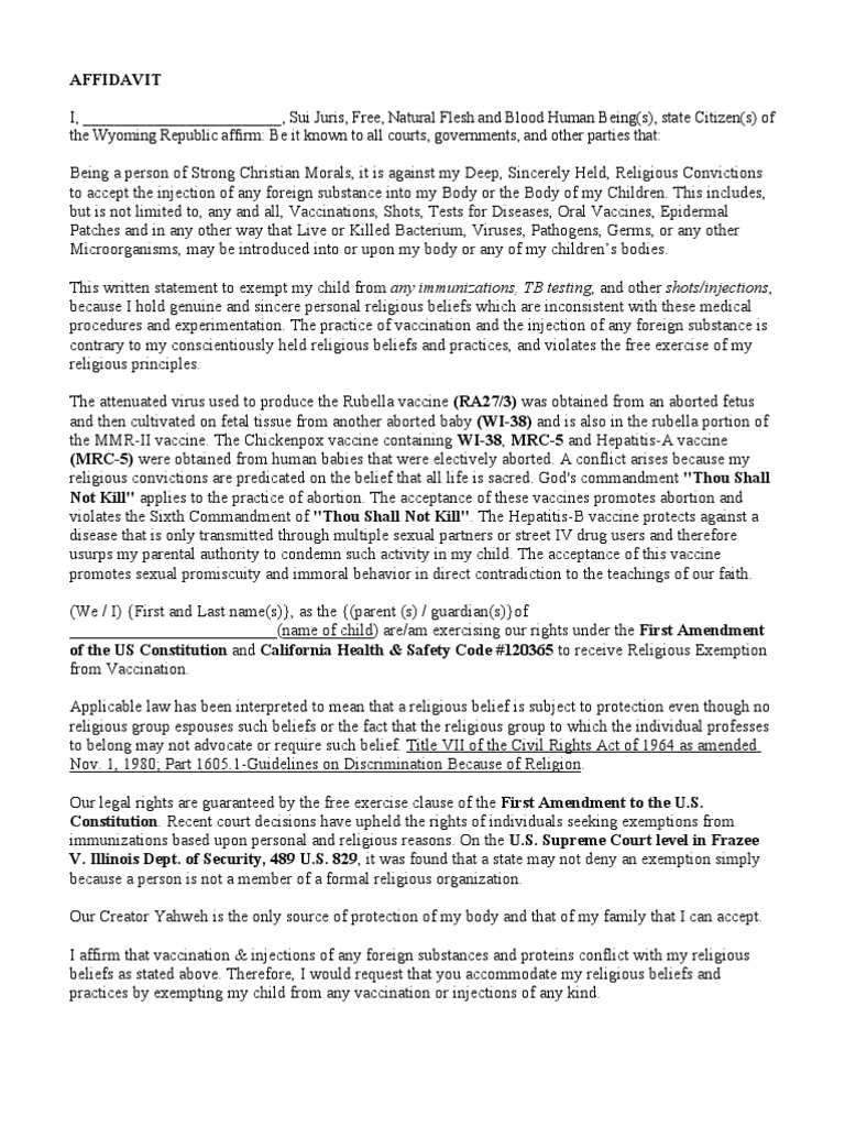 Vaccine Exemption AFFIDAVIT For California Older Child | PDF 