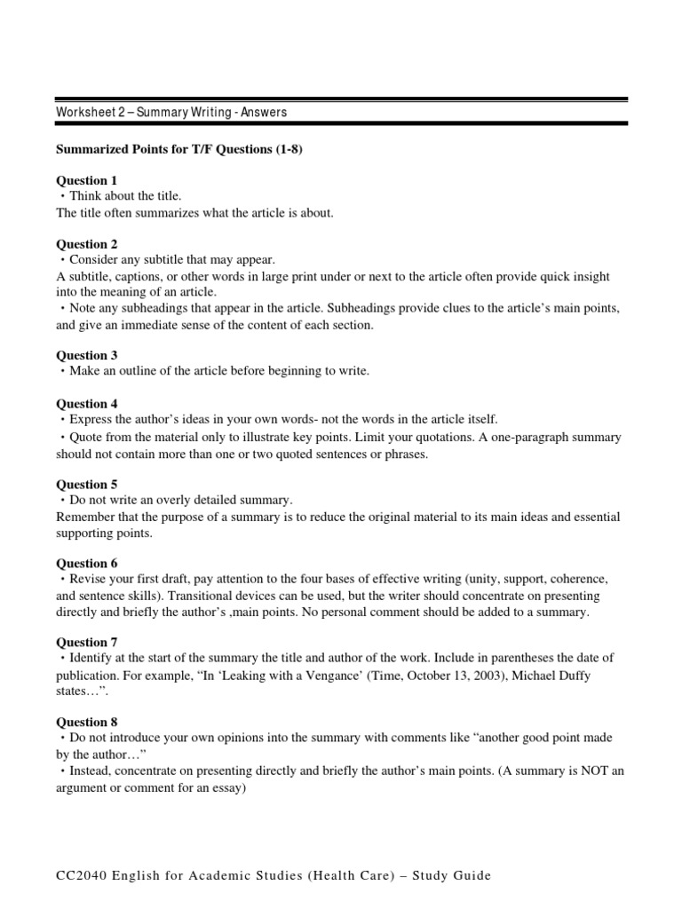 study guide worksheet 2 summary writing answers