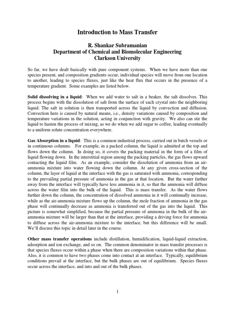 Understanding Mass Transfer Principles | PDF | Diffusion | Solution