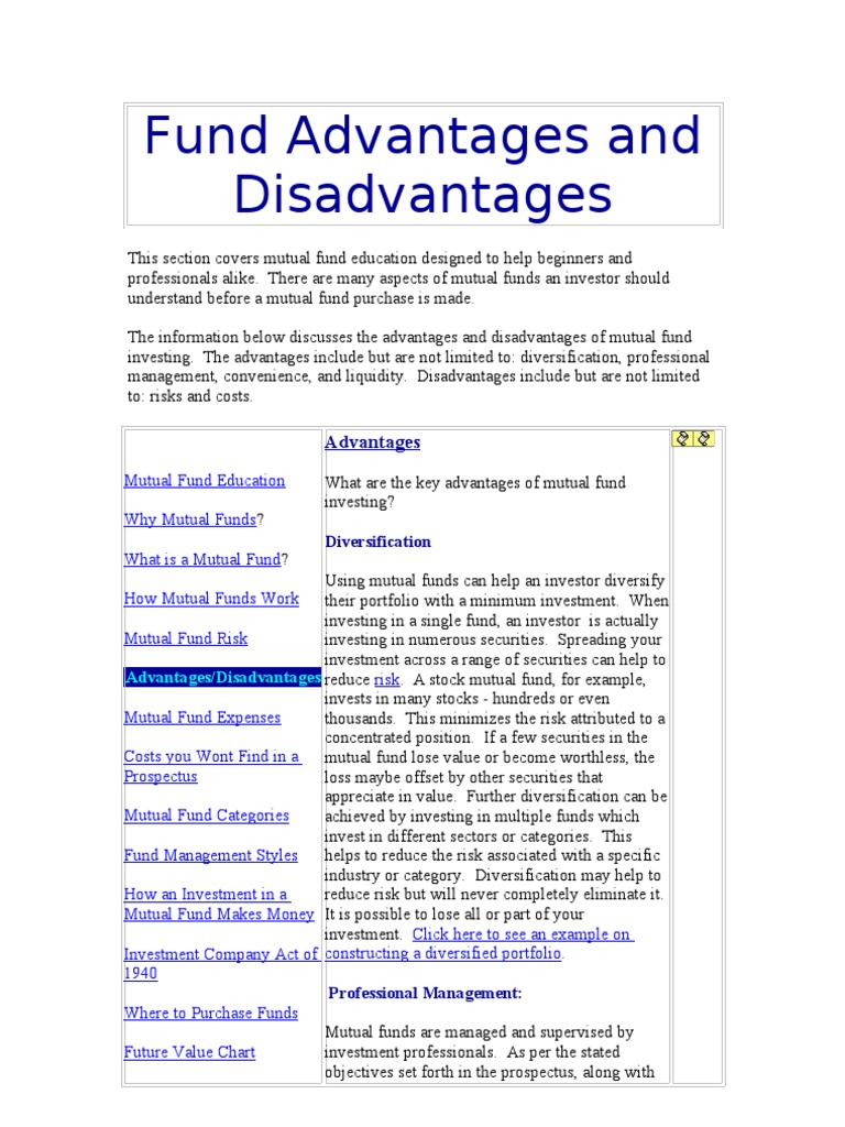 Fund Advantages and Disadvantages PDF Mutual Funds Investing