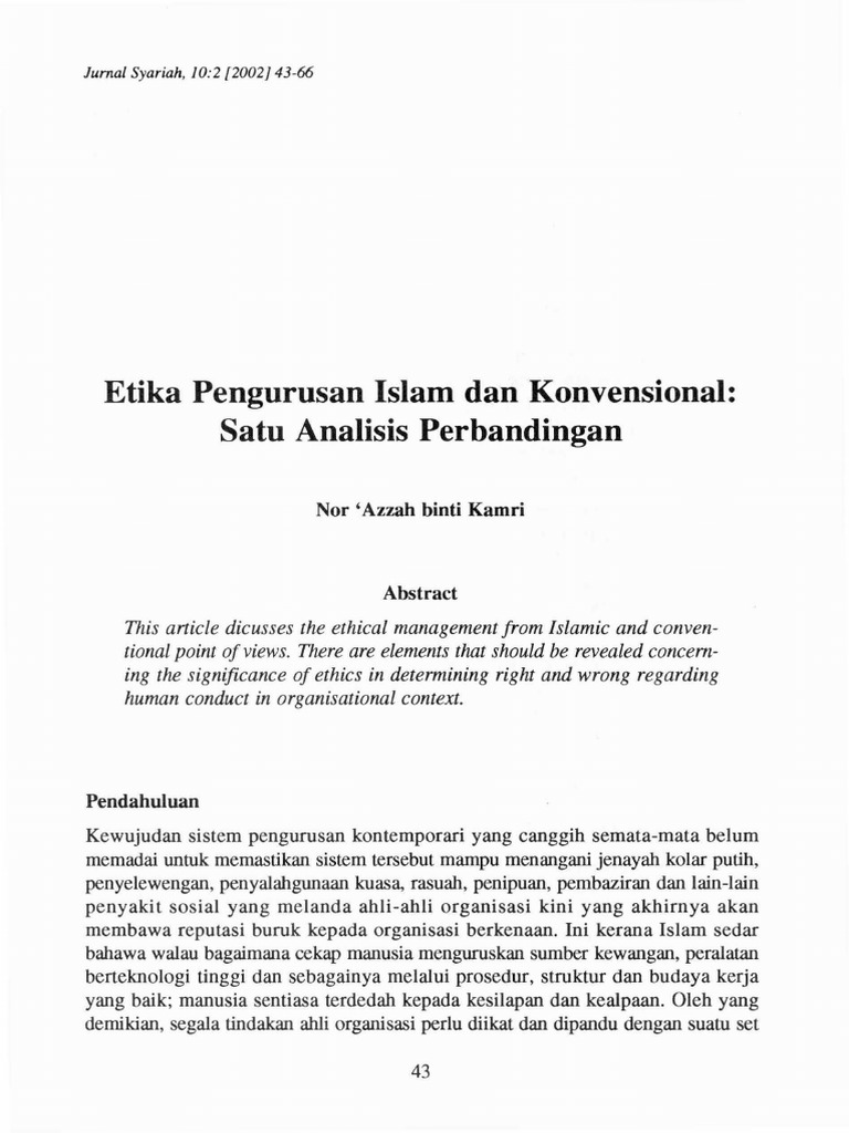 Etika Pengurusan Islam Dan Konvensional Satu Analisis Perbandingan Pdf