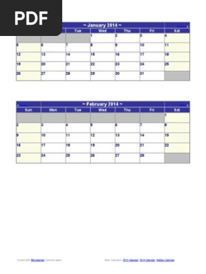 2014 Monthly Calendar Small