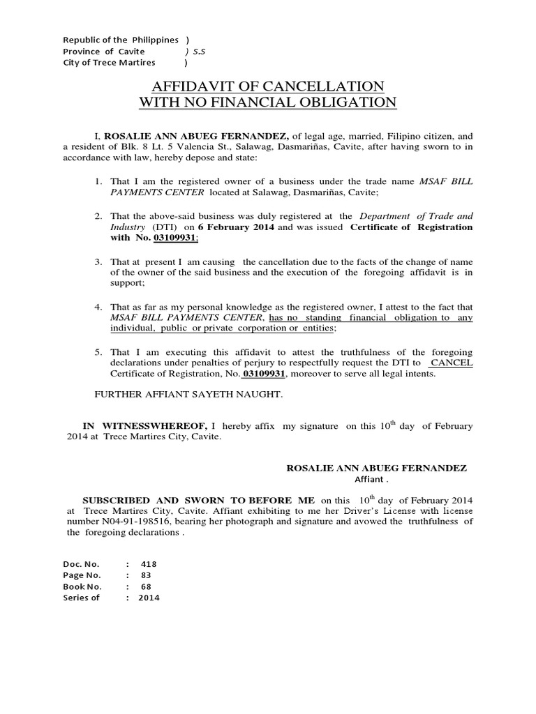 2014 Affidavit of Dti Cancellation-rosalie Ann Abueg Fernandez