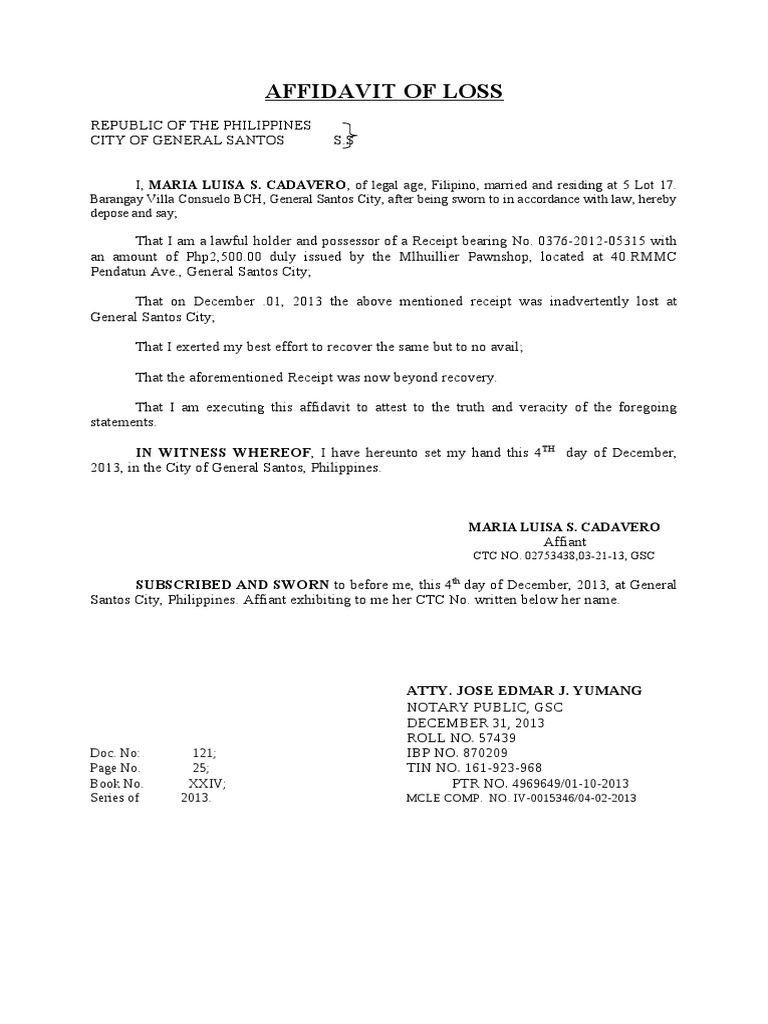 AFFIDAVIT of LOSS Receipt=Gonzales