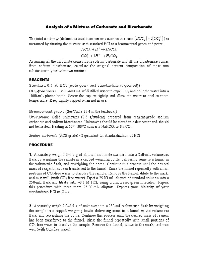 Analysis Of A Mixture Of Carbonate And Bicarbonate Alkalinity Bicarbonate