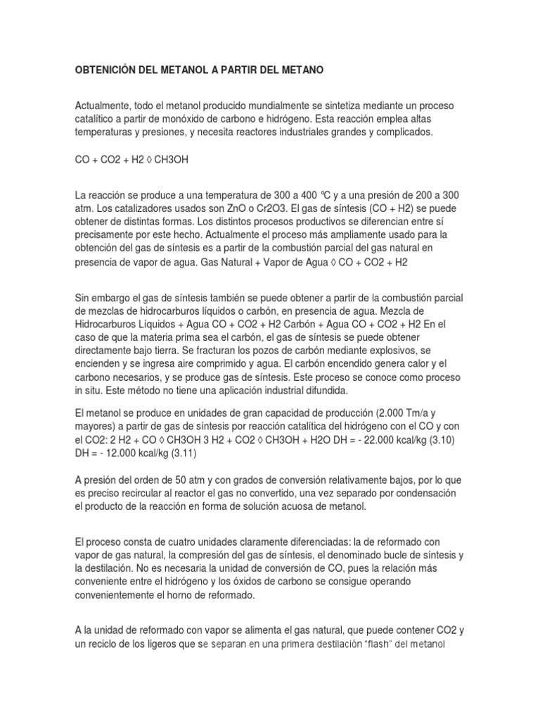 Obtenición Del Metanol A Partir Del Metano | PDF