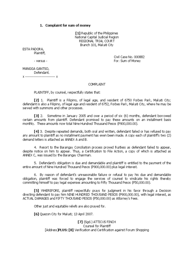 Complaint for Payment of Debt | PDF | Finance & Money Management | Law
