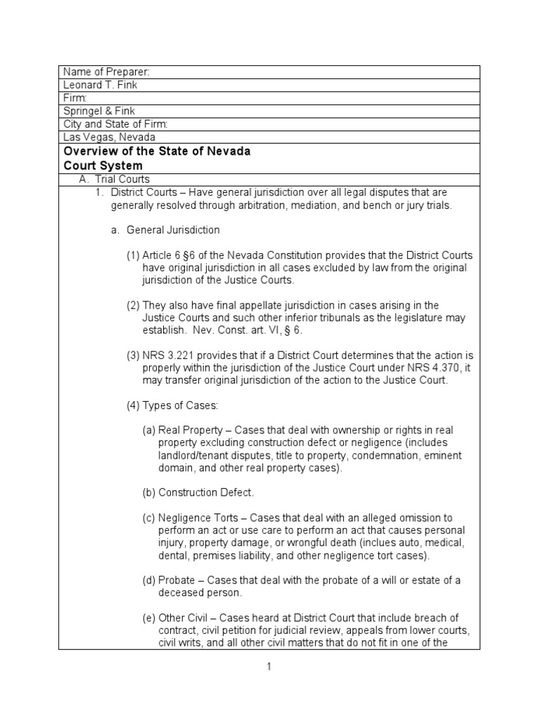 Overview of the Nevada State Court System: An Analysis of Jurisdiction