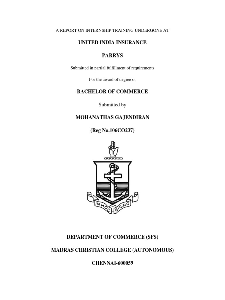 United India Insurance Parrys A Report On Internship Training