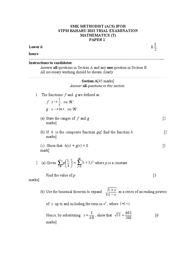 ACS Ipoh Mathematics Trial Exam 2013 | PDF | Trigonometric Functions ...