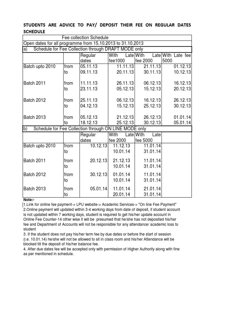 Fee Collection Schedule for Students | PDF