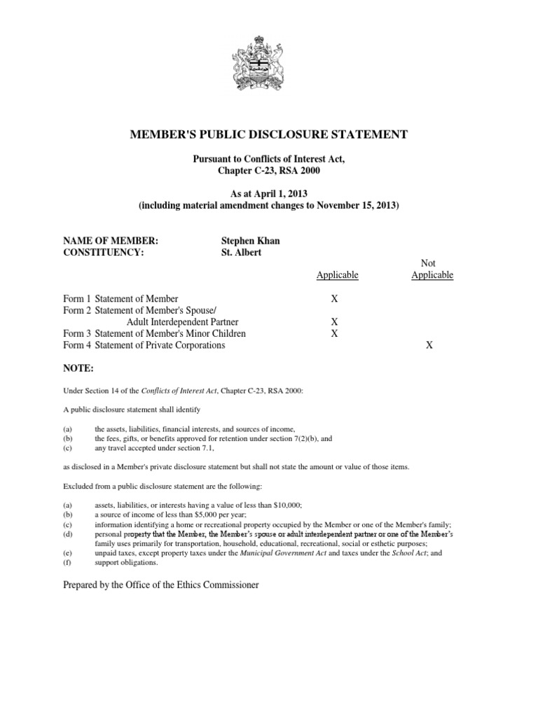 Stephen Khan's Public Disclosure Statement | PDF