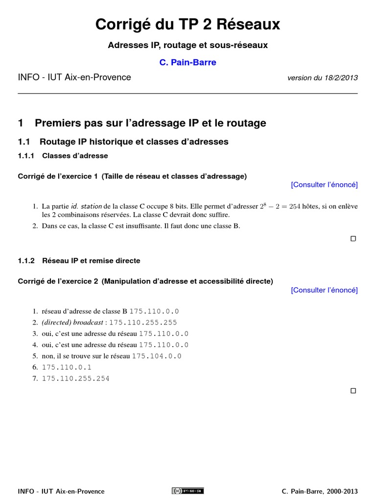 Corrigé TP 2 : Adresses IP et Routage | PDF | Adresse IP | Routage