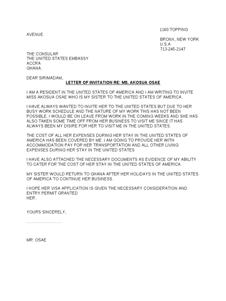 Us Visa Sample Invitation Letter Template Application Purpose Of