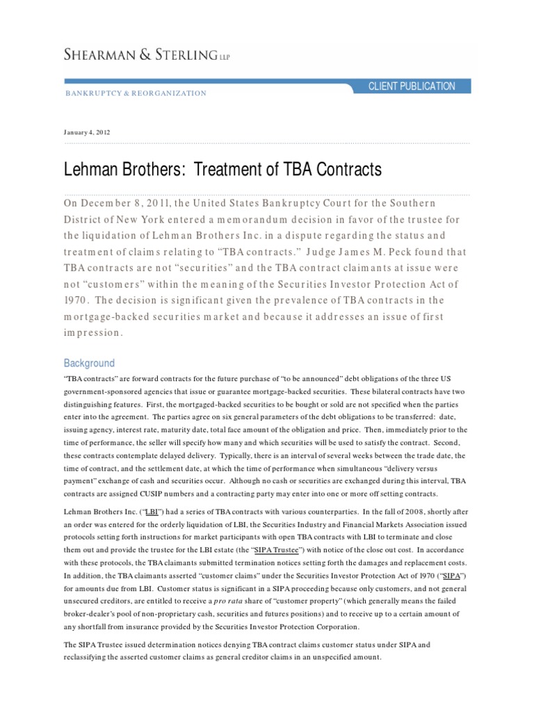 Lehman Brothers Treatment of TBA Contracts BR 010412 Securities