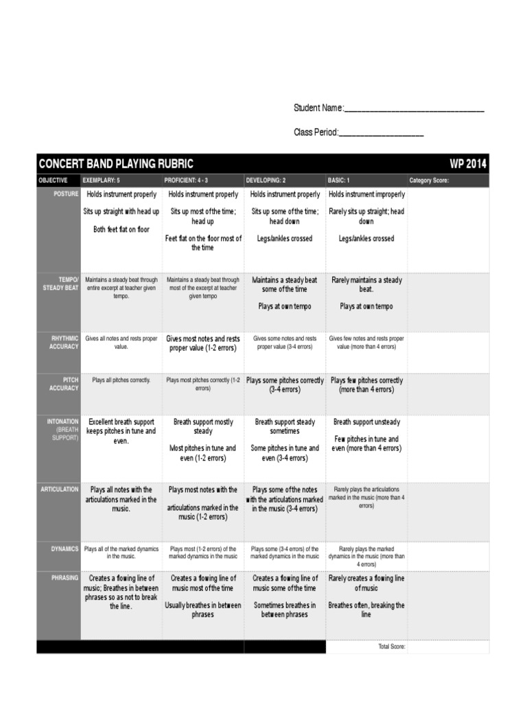 concert band playing rubric Tempo Pitch (Music)