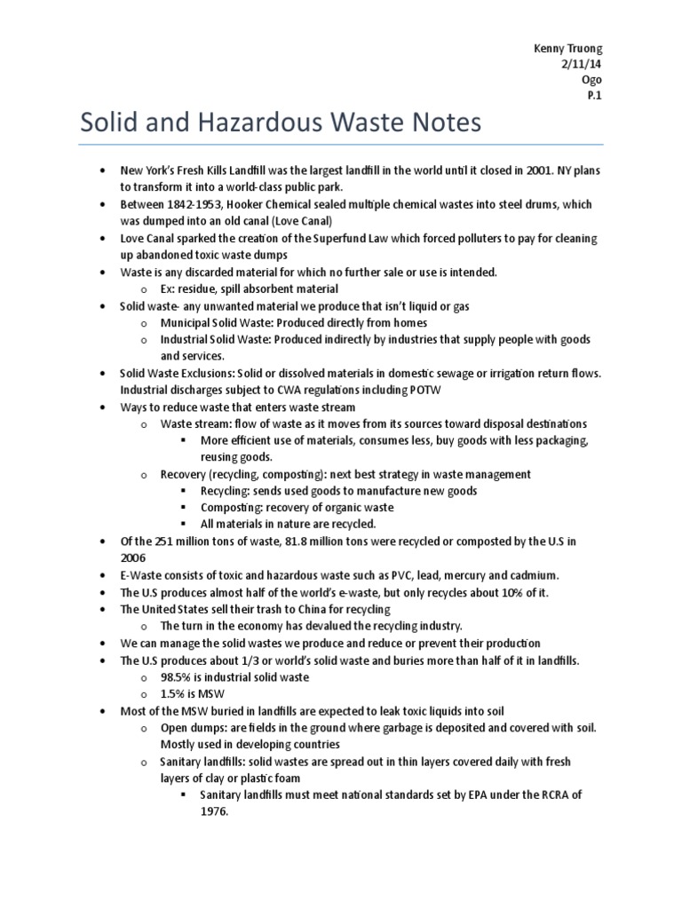 solid and hazardous waste notes Municipal Solid Waste Waste