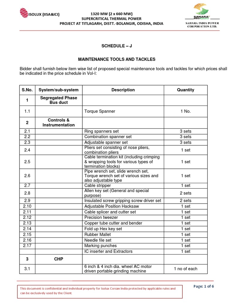 ScheduleJ List of Maintenance Tools and Tackles PDF Screw