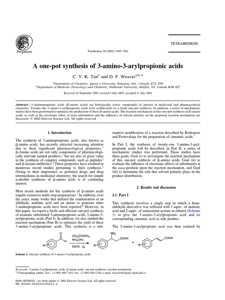 A One-Pot Synthesis of 3-Amino-3-Arylpropionic Acids | PDF | Acid ...