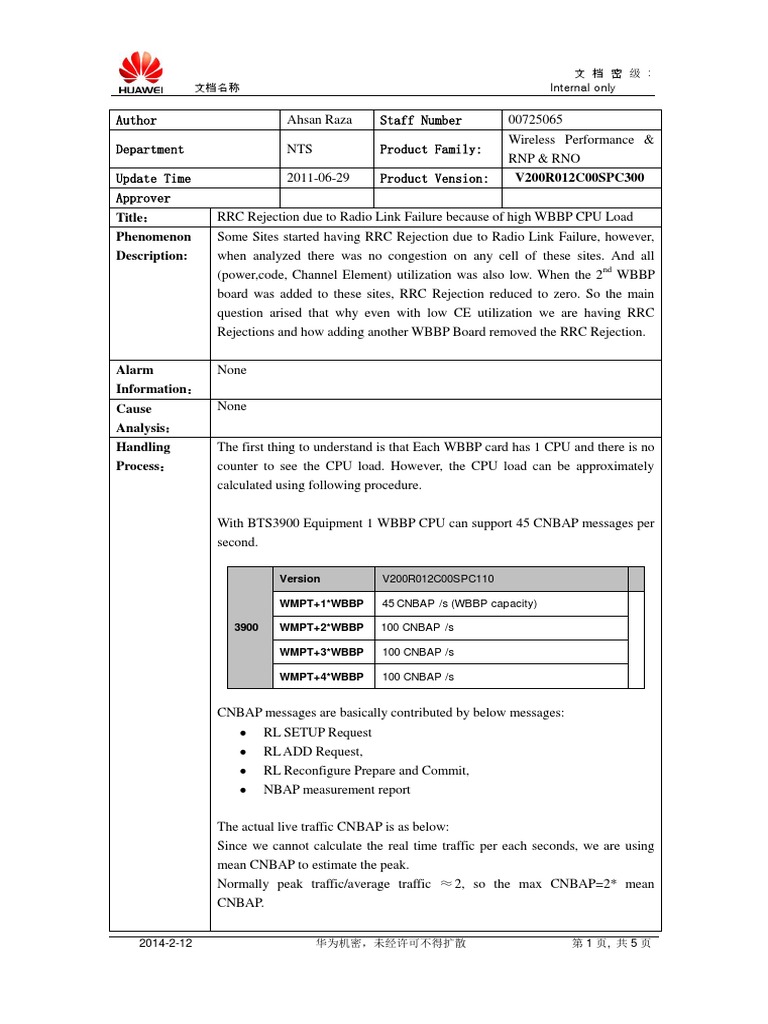 RRC Rejection Due To Radio Link Failure Because of High WBBP CPU Load