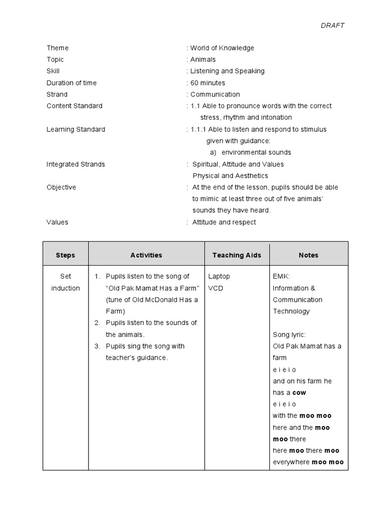 Year 1 Animal Sounds Lesson Plan | PDF | Lesson Plan | Teachers