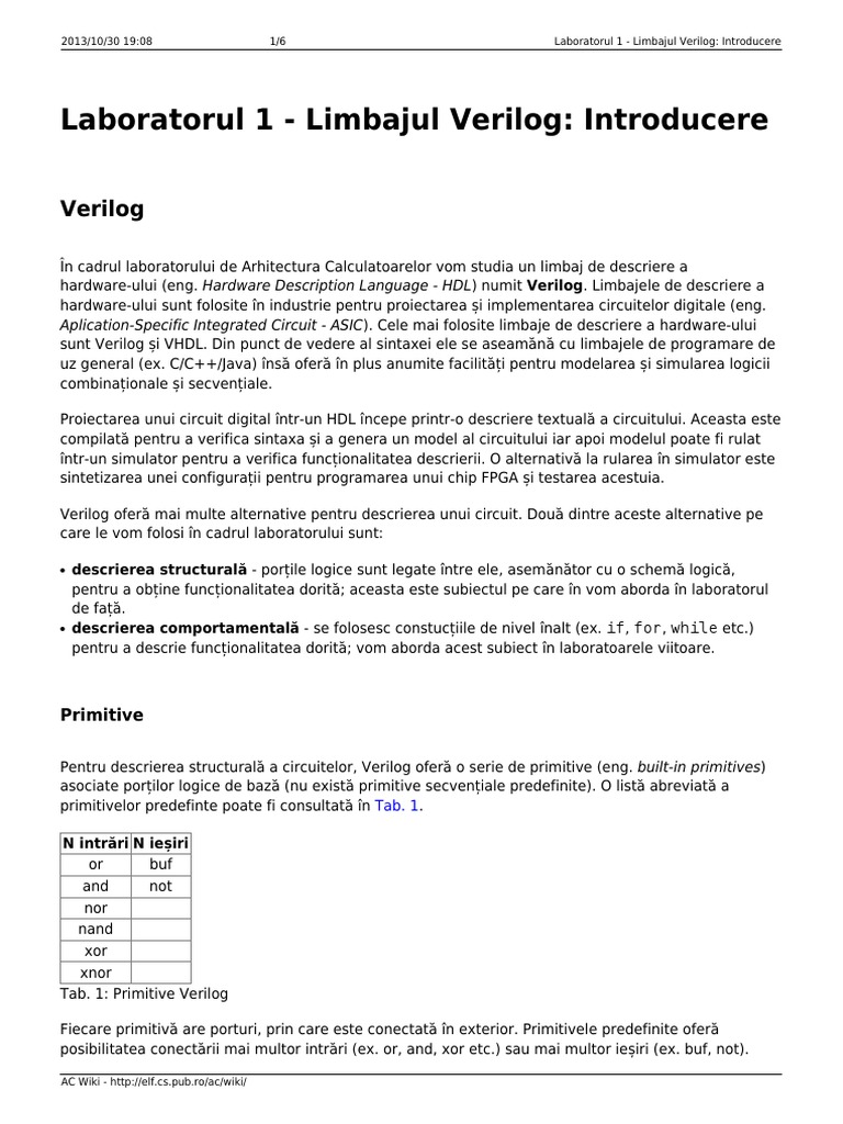 Laboratorul 1 Limbajul Verilog Introducere | PDF