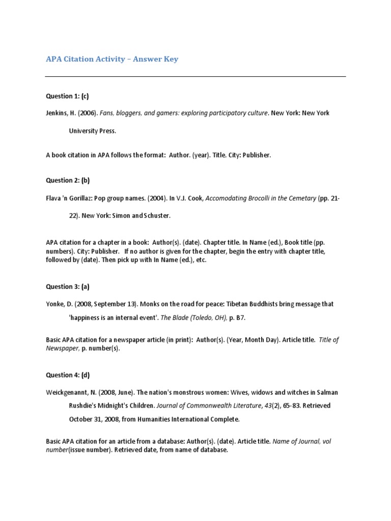 Apa Citation Activity Answer Key